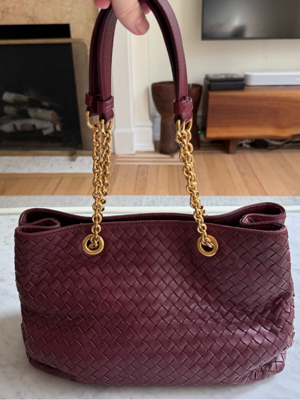 Bottega Veneta Burgundy Woven Leather Shoulder Bag with Gold Chain